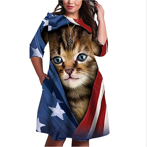 

Women's Plus Size Dresses T Shirt Dress Tee Dress Knee Length Dress 3/4 Length Sleeve Cat Graphic Flag Print Basic Fall Blue XL XXL 3XL 4XL 5XL / Holiday