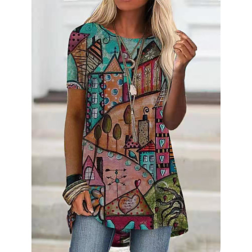 

Women's T shirt Graphic Scenery Print Round Neck Tops Basic Boho Basic Top Red Yellow