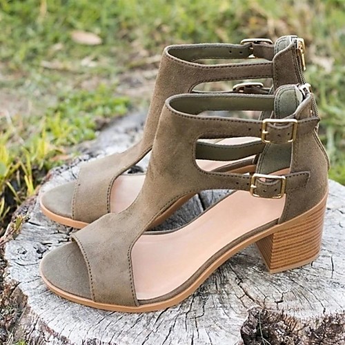 

Women's Sandals High Heel Round Toe PU Dark Brown Black Army Green