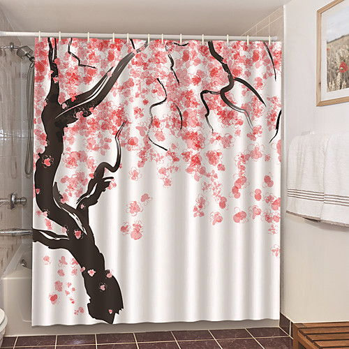 

Shower Curtains with Hooks Peach Blossoms Scenery Polyester Novelty Fabric Waterproof Shower Curtain for Bathroom