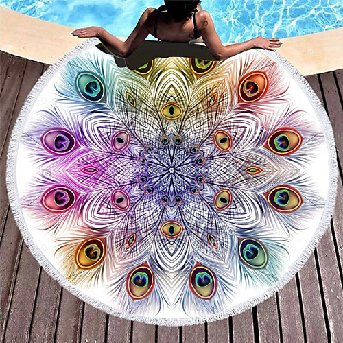 

factory customization ethnic style peacock feather pattern printing mats home decoration background cloth round beach towel