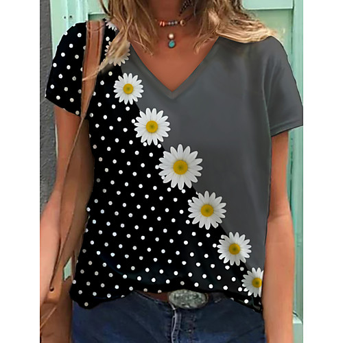 

Women's T shirt Polka Dot Color Block Daisy Print V Neck Tops Basic Basic Top Black