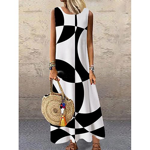 

Women's Shift Dress Maxi long Dress Black Sleeveless Print Geometric Print Spring Summer Round Neck Casual 2021 S M L XL XXL 3XL