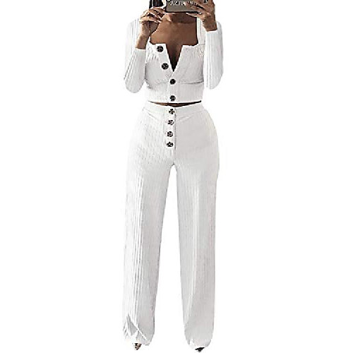 

women's sexy long sleeve button top high waist wide leg pant 2 piece outfits white s