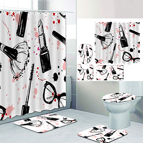 

Black Cosmetics Digital Printing Four-piece Set Shower Curtains and Hooks Modern Polyester Machine Made Waterproof Bathroom