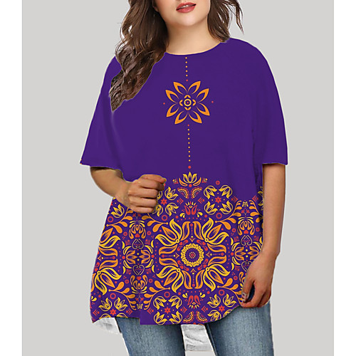 

Women's Plus Size Floral Graphic Tribal Print Basic Half Sleeve Fall Short Mini Dress T Shirt Dress Tee Dress Purple