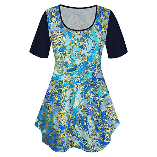 

Women's Plus Size Print Floral Graphic Tribal T shirt Large Size Crewneck Short Sleeve Basic Tops XL XXL 3XL Blue Big Size
