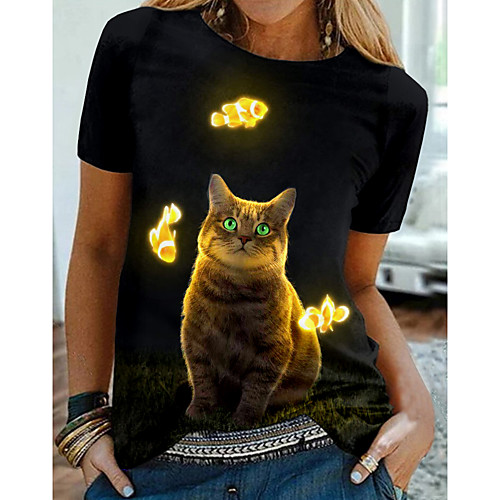 

Women's T shirt Cat Graphic 3D Print Round Neck Tops Basic Basic Top Black
