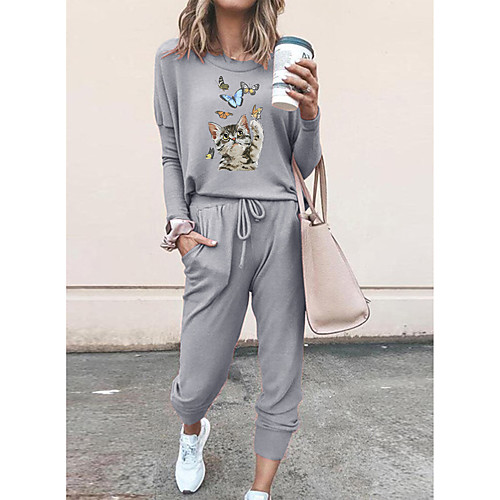 

Women Basic Streetwear Print Cat Vacation Casual / Daily Two Piece Set Tracksuit T shirt Pant Loungewear Drawstring Print Tops