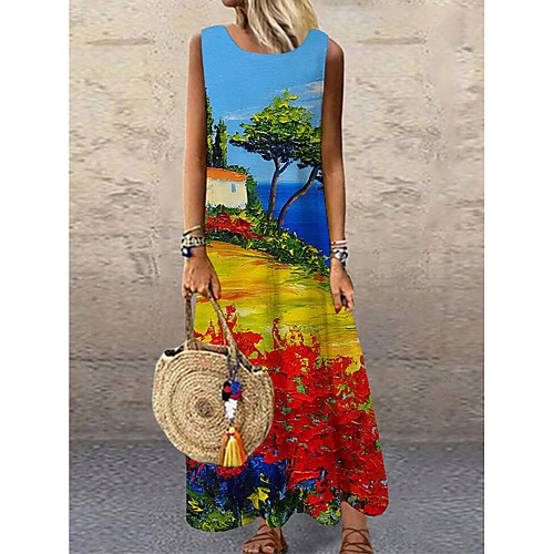 

Women's Shift Dress Maxi long Dress Blue Sleeveless Floral Color Block Print Spring Summer Round Neck Casual 2021 S M L XL XXL 3XL
