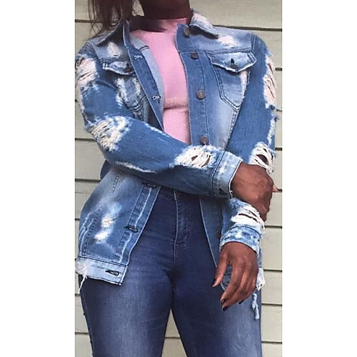 

Women's Jackets Letter Print Casual Fall Jacket Regular Daily Long Sleeve Denim Coat Tops Blue
