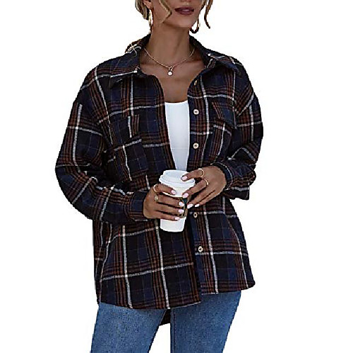 

yeokou women's casual botton down plaid grid print wool blend jacket shirt shacket(navyblue-l)