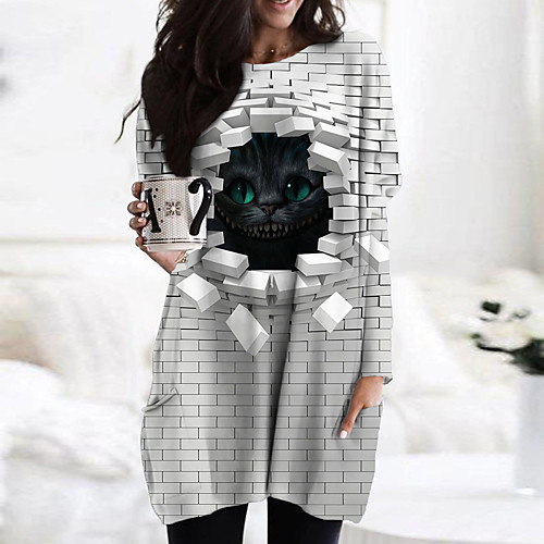 

Women's Shift Dress Short Mini Dress Black Long Sleeve Cat Animal Print Fall Spring Round Neck Casual 3D Print S M L XL XXL 3XL