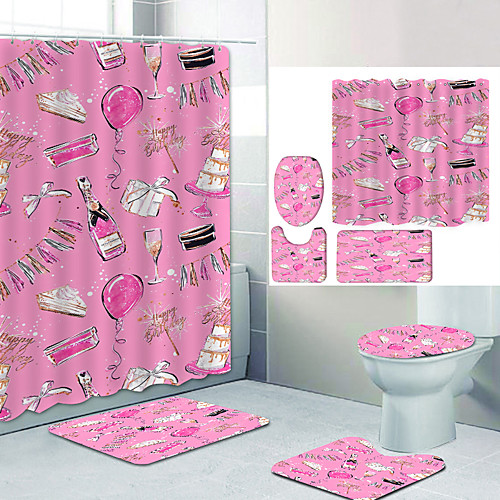 

Birthday Party Digital Printing Four-piece Set Shower Curtains and Hooks Modern Polyester Machine Made Waterproof Bathroom
