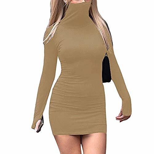 

womens mask attached long sleeve bodycon dress solid color pencil mini party dresses (khaki, x-large)