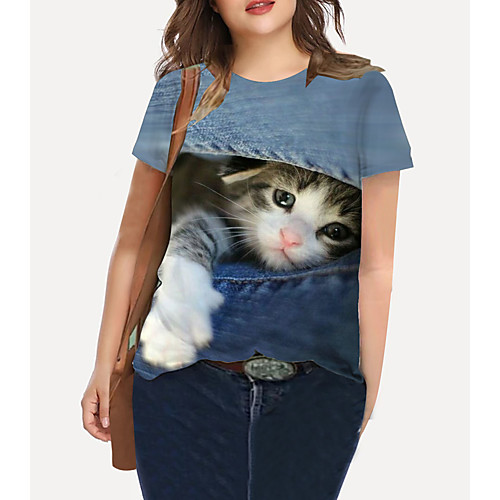 

Women's Plus Size Print Cat Graphic Animal T shirt Large Size Crewneck Short Sleeve Basic Tops XL XXL 3XL Blue Big Size