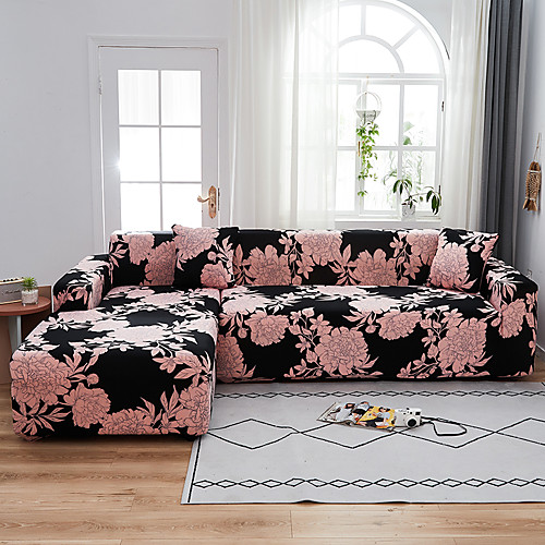 

Pink Floral Rose Print Dustproof All-powerful Stretch L Shape Sofa Cover Super Soft Fabric Sofa Furniture Protector with One Free Boster Case