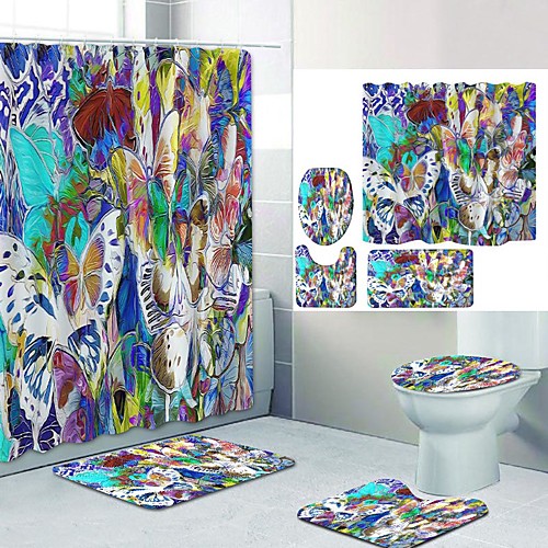 

Phantom Butterfly Digital Printing Four-piece Set Shower Curtains and Hooks Modern Polyester Machine Made Waterproof Bathroom