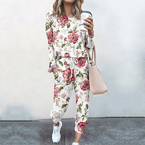 

Women's Basic Streetwear Floral Vacation Casual / Daily Two Piece Set Tracksuit T shirt Pant Loungewear Drawstring Print Tops