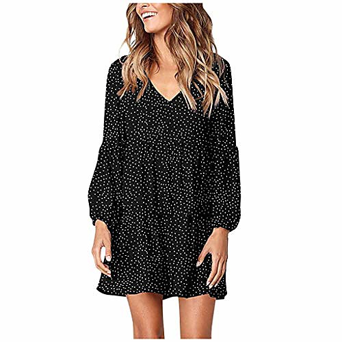 

shakumy women's casual summer lantern sleeve v neck pleated babydoll dot print dress beach loose flowy swing shift dresses