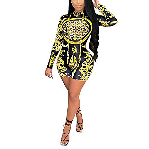 

luckinbaby sexy women printed short jumpsuit long sleeve bodycon rompers one piece bodysuit overall pajamas clubwear (yellow, l)