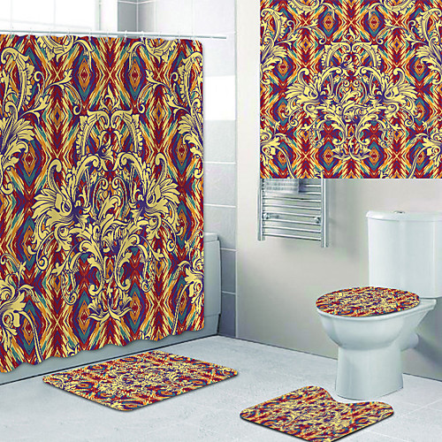 

Nordic Style Pattern Printed Bathtub Curtain liner Covered with Waterproof Fabric shower Curtain for Bathroom home Decoration with hook floor mat and four-piece Toilet mat