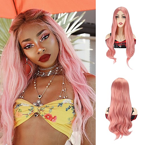 

Long Wavy Wigs Rose Pink Wigs Body Wave Synthetic Hair Wigs Party Cosplay Wigs For Black Women