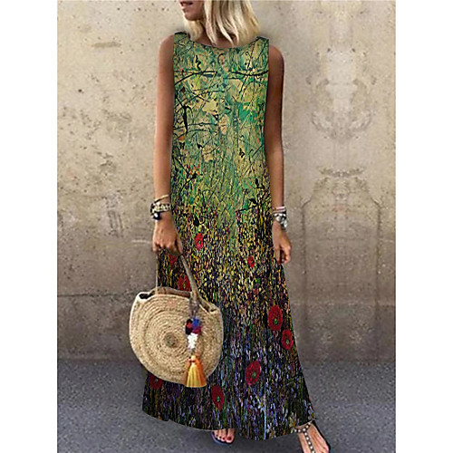 

Women's Shift Dress Maxi long Dress Green Sleeveless Floral Print Print Spring Summer Round Neck Casual 2021 S M L XL XXL 3XL