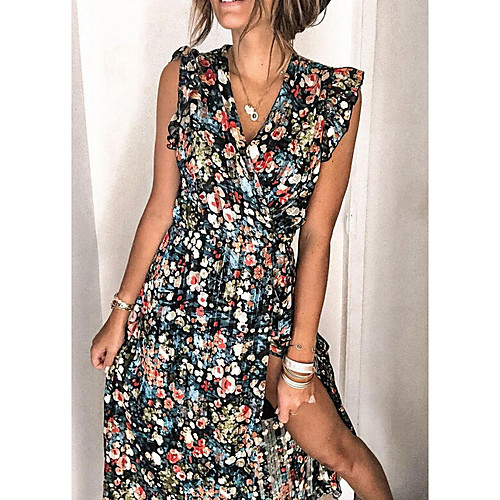 

Women's Sheath Dress Maxi long Dress Blue Wine Orange Sleeveless Floral Print Fall Summer V Neck Casual 2021 S M L XL XXL