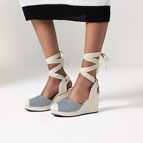 

Women's Sandals Wedge Heel Round Toe Canvas Ribbon Tie Color Block Red Blue