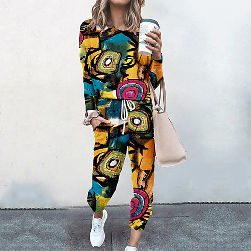 

Women's Streetwear Cinched Floral Print Going out Casual / Daily Two Piece Set Sweatshirt Tracksuit Pant Loungewear Drawstring Print Tops