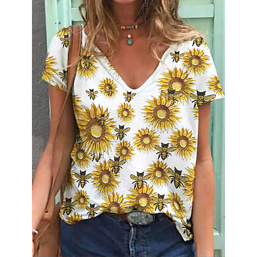 

Women's T shirt Graphic 3D Print V Neck Tops Cotton Basic Basic Top White