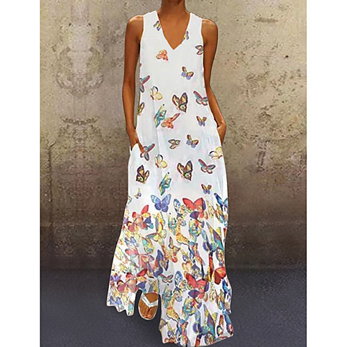 

Women's A Line Dress Maxi long Dress White Purple Yellow Blushing Pink Light Blue Sleeveless Butterfly Animal Print Summer Deep V Hot Casual 2021 S M L XL XXL 3XL 4XL 5XL / Plus Size