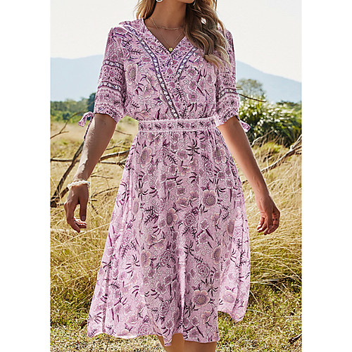 

Women's Sheath Dress Knee Length Dress Blushing Pink Green Short Sleeve Floral Print Fall Summer V Neck Elegant Casual 2021 S M L XL