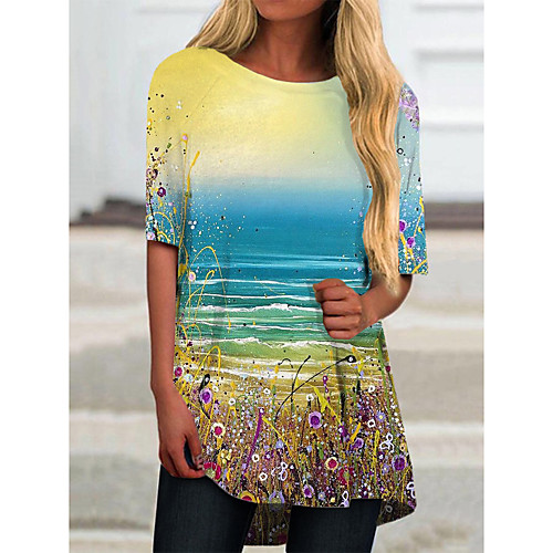 

Women's T Shirt Dress Tee Dress Short Mini Dress Yellow Half Sleeve Floral Color Block Print Spring Summer Round Neck Casual 2021 S M L XL XXL 3XL