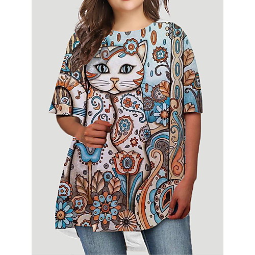 

Women's Plus Size Dresses T Shirt Dress Tee Dress Short Mini Dress Half Sleeve Cat Graphic Animal Print Basic Fall White XL XXL 3XL 4XL 5XL / Holiday