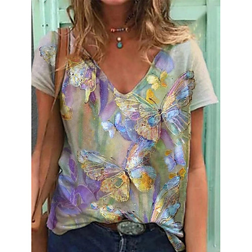 

Women's T shirt Graphic Butterfly Print V Neck Tops Basic Basic Top Purple Red Blushing Pink