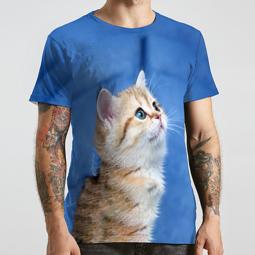 

Men's Unisex Tee T shirt 3D Print Cat Graphic Prints Animal Plus Size Print Short Sleeve Casual Tops Fashion Designer Big and Tall Blue