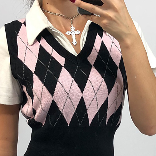 

Women's Knitted Argyle Vest Sleeveless Sweater Cardigans V Neck Fall Spring Black Blushing Pink Brown