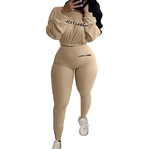 

bornpom womens two piece outfits letter print sweatsuits tracksuit long sleeve sweatshirt and sweatpants set khaki xl