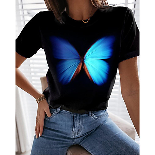 

Women's T shirt Graphic Butterfly Print Round Neck Tops Basic Basic Top Black
