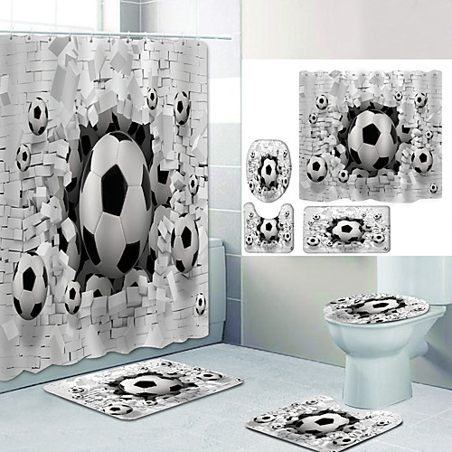 

Square Football Digital Printing Four-piece Set Shower Curtains and Hooks Modern Polyester Machine Made Waterproof Bathroom