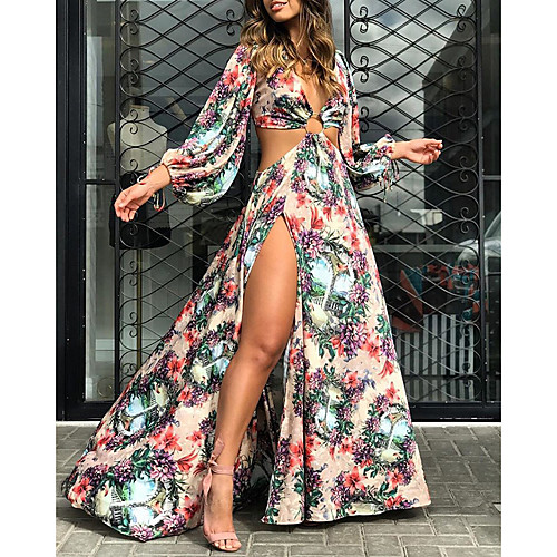 

2021 spring and summer new products cross-border women's european and american printed long-sleeved hollow dress sexy open back slit long skirt