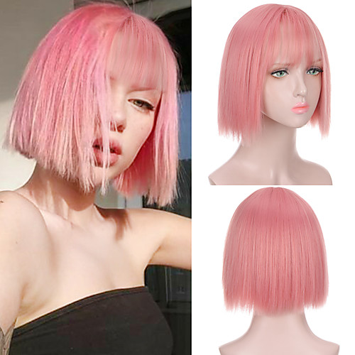 

Synthetic Wig Natural Straight Neat Bang Wig Short Pink Synthetic Hair Women's Cosplay Party Fashion Pink
