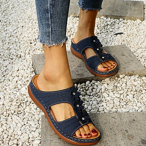

Women's Sandals Wedge Heel Round Toe PU Flower Solid Colored Black Blue Brown