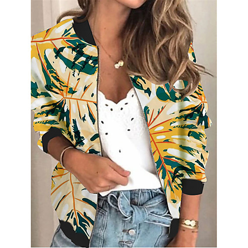 

Women's Jackets Floral Print Sporty Spring & Fall Jacket Regular Daily Long Sleeve Air Layer Fabric Coat Tops Yellow