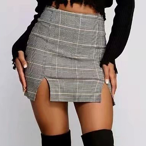 

Women's Club Bar Party Sexy Skirts Check Split Gray