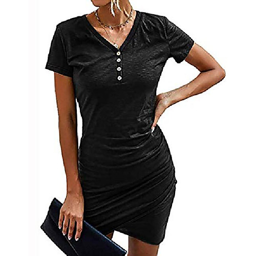 

women's summer v neck short sleeve ruched bodycon dress pencil tshirt mini dress black, m