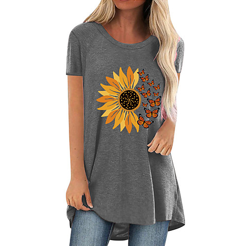 

amazon 2021 summer hot sale sunflower butterfly print casual large size mid-length round neck short-sleeved t-shirt women