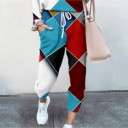 

Women's Basic Soft Comfort Daily Home Jogger Pants Geometric Pattern Color Block Full Length Elastic Drawstring Design Print Blue Red Green